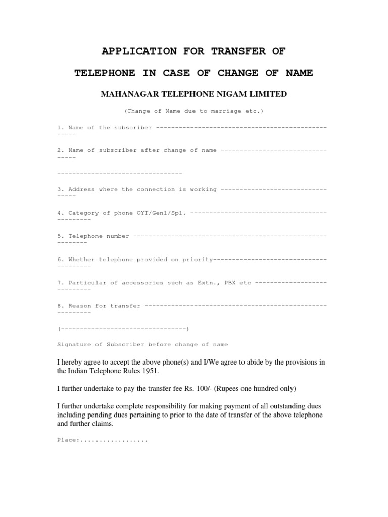 BSNL Telephone Name Transfer Application | PDF | Indemnity | Social ...