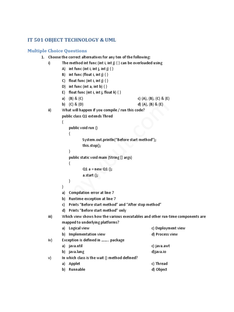 It 501 Object Technology & Uml: Multiple Choice Questions | PDF ...