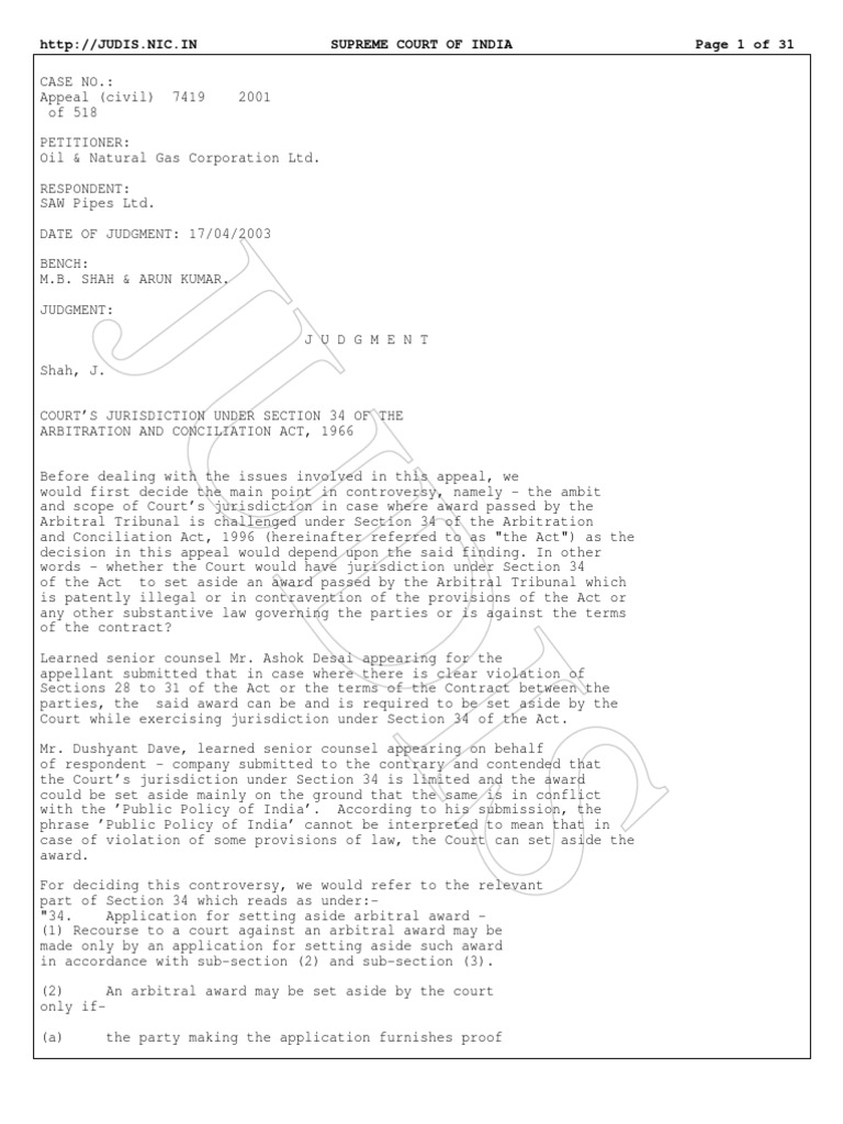 Ongc Vs Saw Pipes PDF Arbitral Tribunal Arbitration