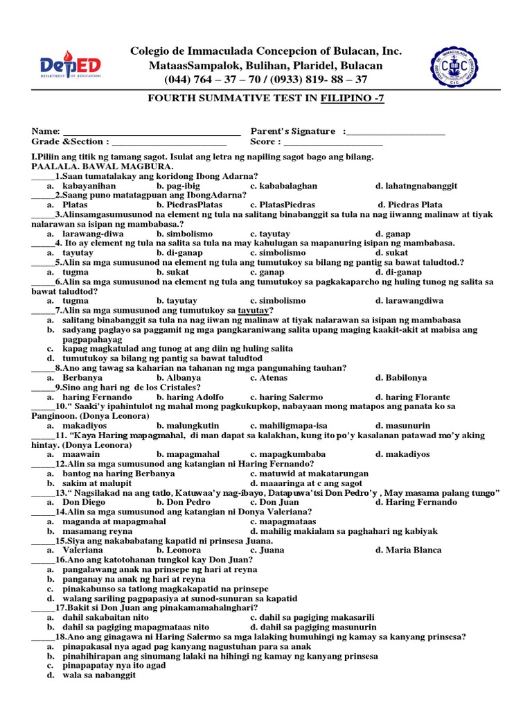 Filipino 7 4th Summative Exam 1 | PDF
