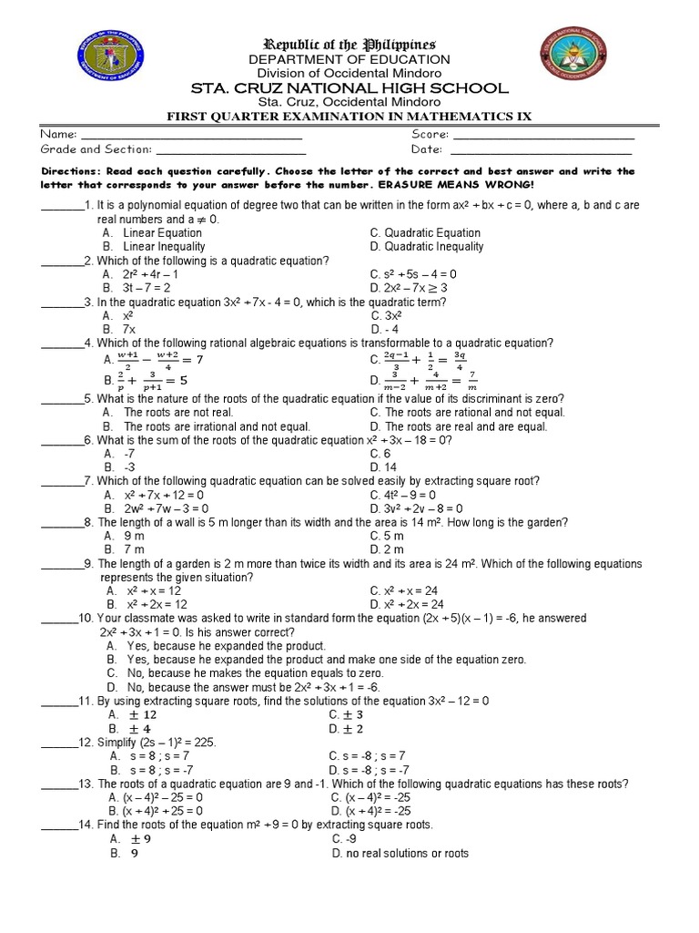 FIRST QUARTER Exam Summative | PDF | Quadratic Equation | Equations