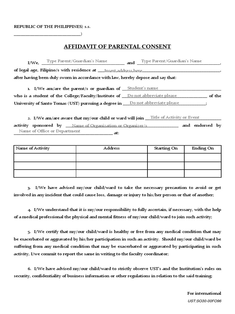 Parental Consent Affidavit Template | PDF | Affidavit | Common Law