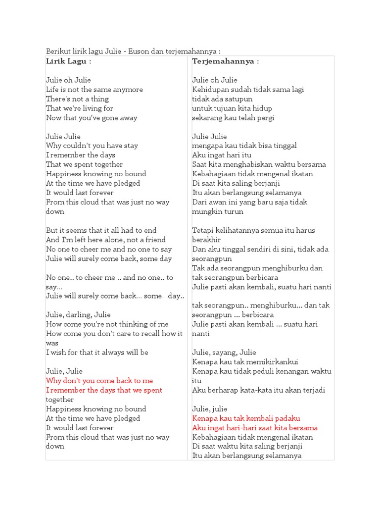 Berikut Lirik Lagu Julie