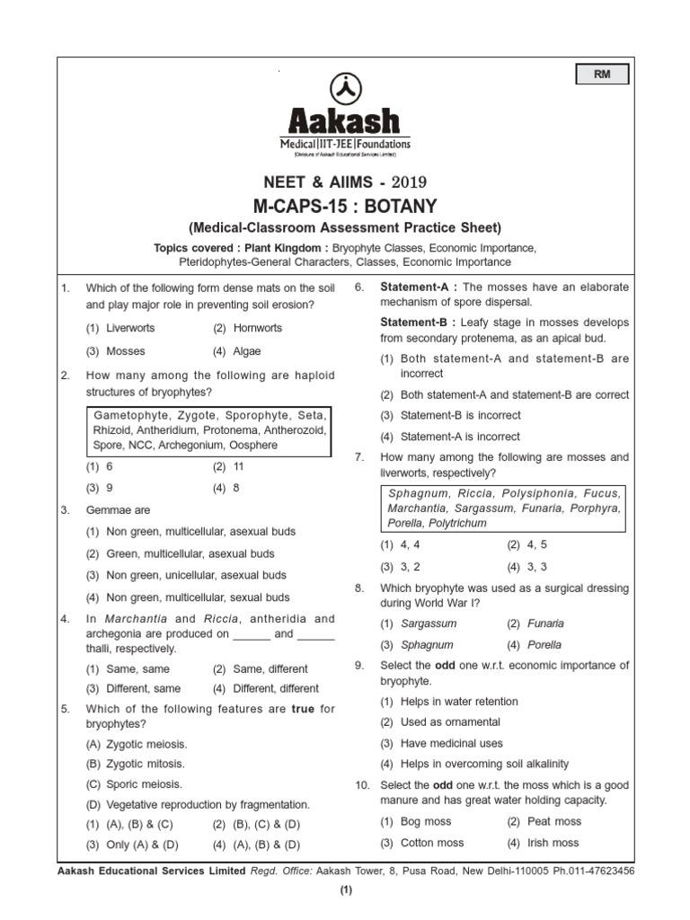 Botany Caps PDF Moss Spore