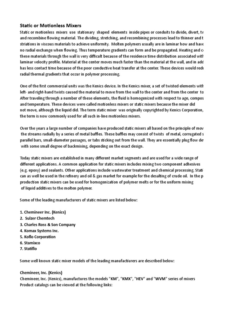Static Mixers PDF Reynolds Number Fluid Dynamics