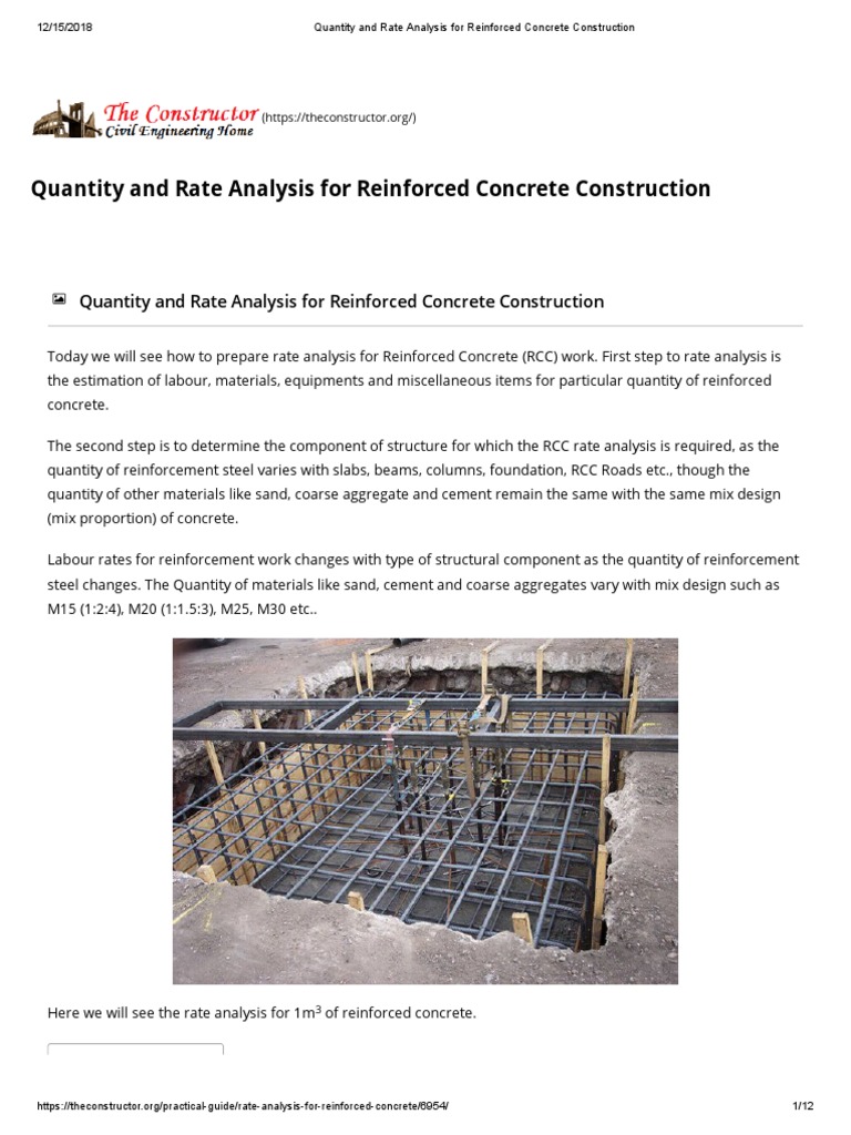 Quantity and Rate Analysis For Reinforced Concrete Construction | PDF ...