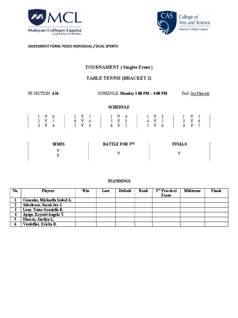 Table Tennis Tournament Bracket Template | PDF