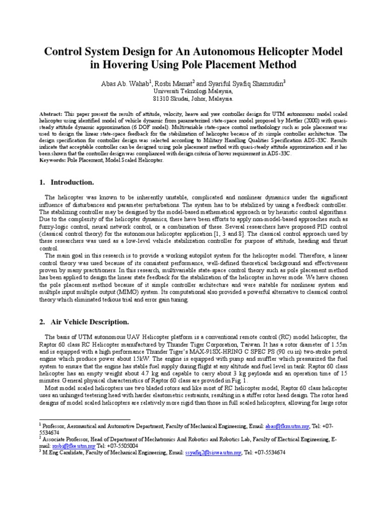 Control System Design For An Autonomous Helicopter Model in Hovering ...