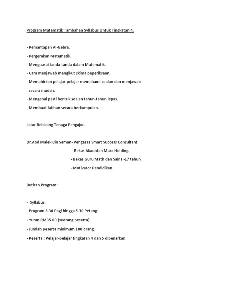 Program Matematik Tambahan Syllabus Untuk Tingkatan 4 Pdf