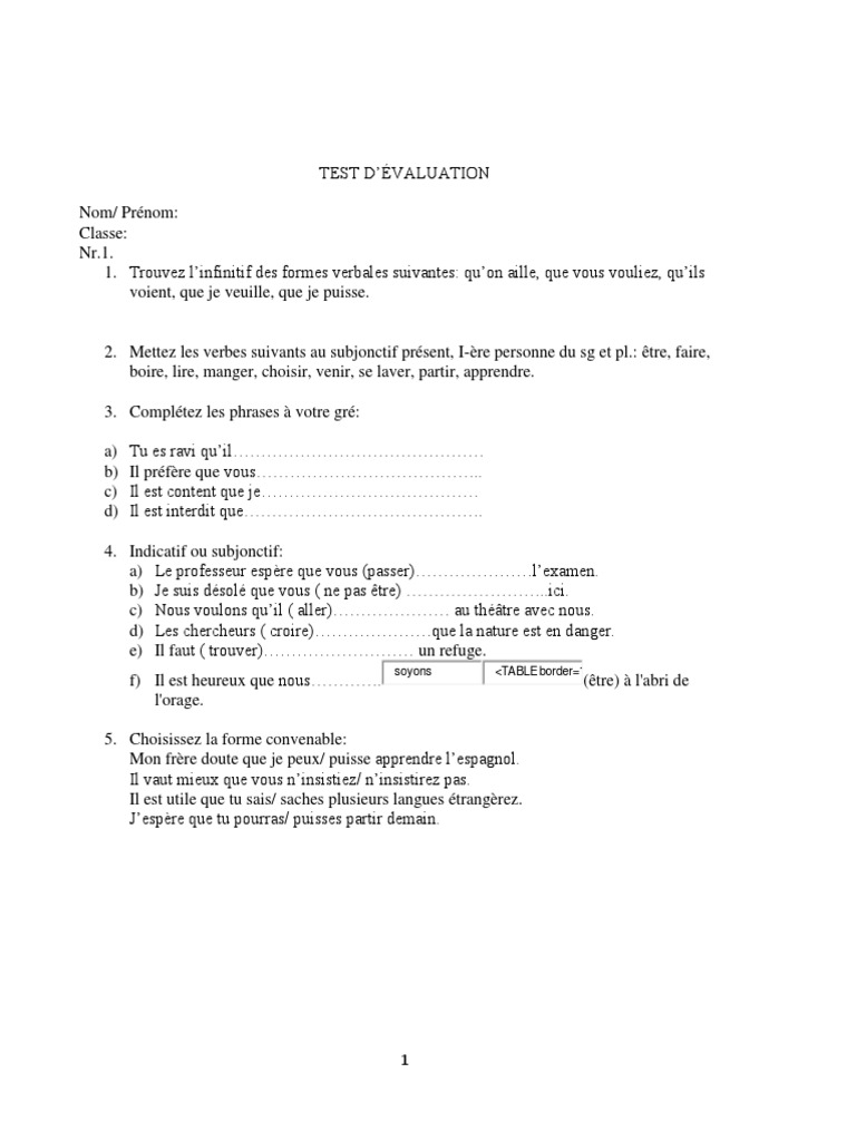 Test Le Subjonctif Verbe Onomastique