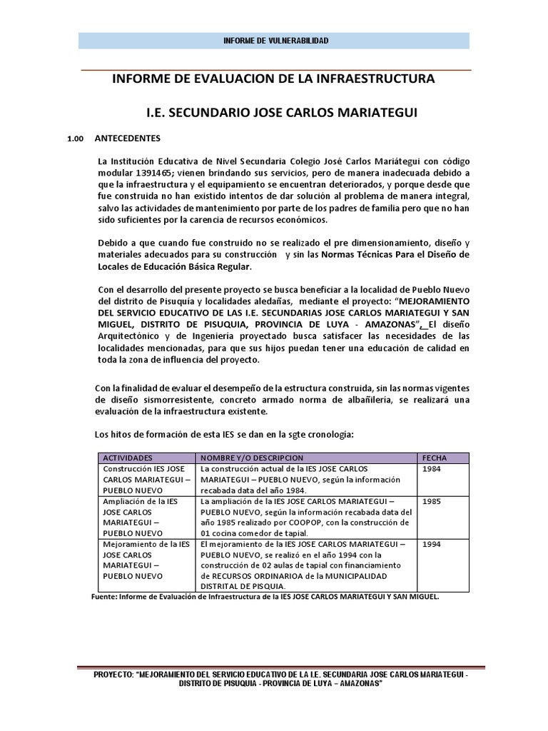 Informe de Evaluacion de Infraestructura Jose Carlos Mariategui | PDF |  Diseño | Evaluación