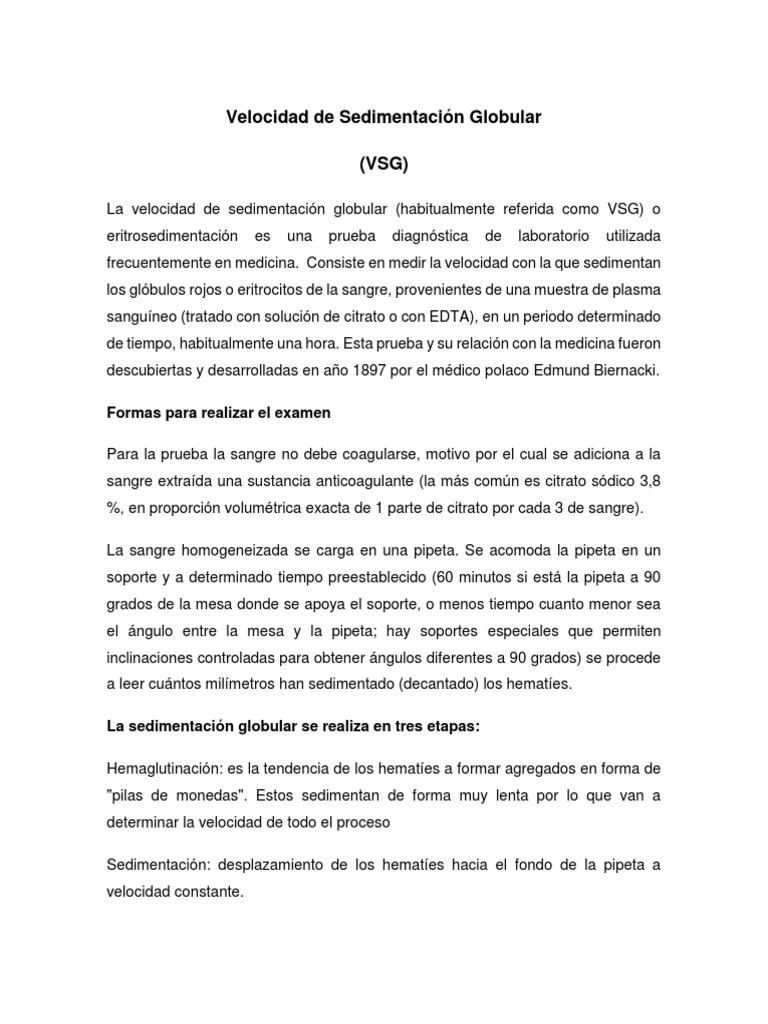 Prueba de Velocidad de Sedimentación VSG | PDF | Especialidades Medicas ...