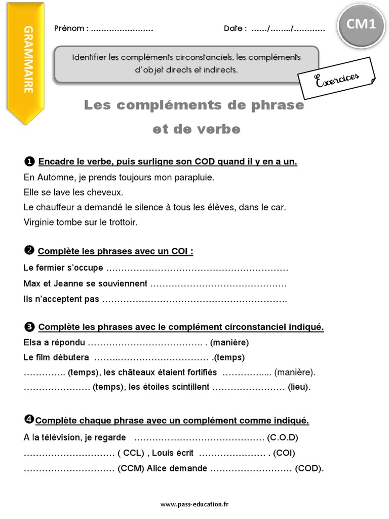 Exercices Français 6ème à Imprimer Avec Correction Pdf Identifier Les Compléments Circ Les Cod Et Coi .CM1 Exercices PDF | PDF