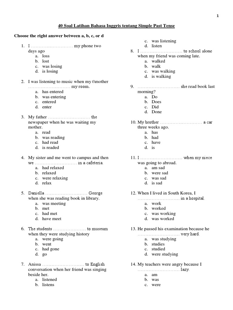 40 Soal Latihan Bahasa Inggris Tentang Simple Past Tense