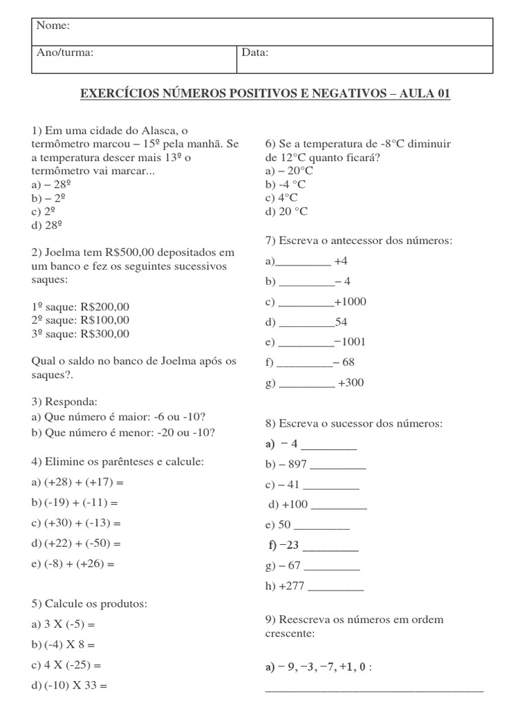 7o Ano - Exercício - NÚMEROS POSITIVOS E NEGATIVOS - AULA 01 | PDF ...