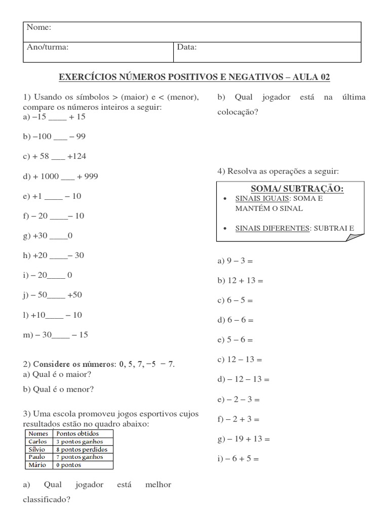 Exercícios sobre Números Positivos e Negativos | PDF | Aritmética ...