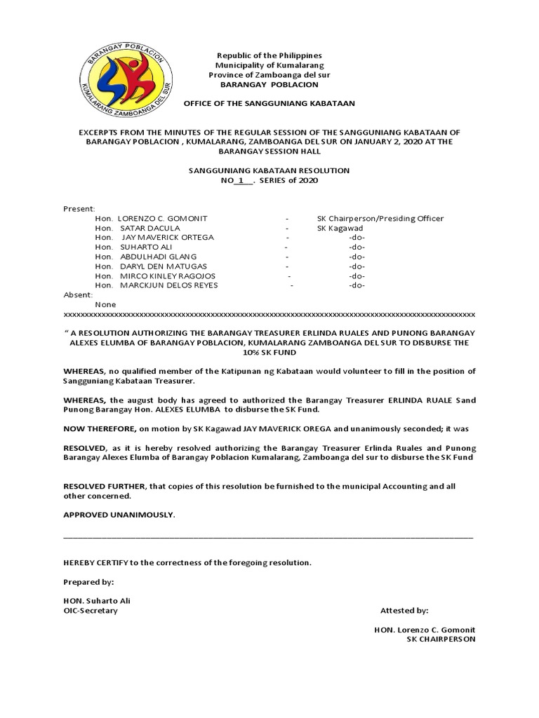 SK Resolution for Fund Disbursement | PDF | Youth | Youth Organizations
