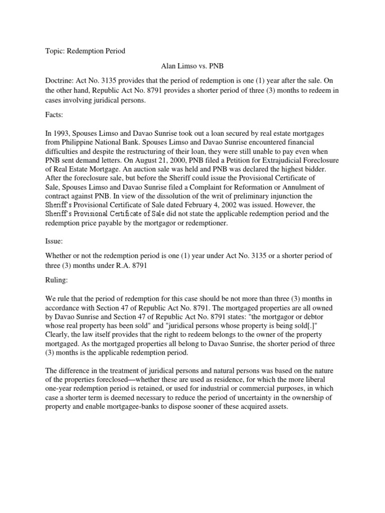 Determining the Applicable Redemption Period Alan Limso vs. PNB PDF