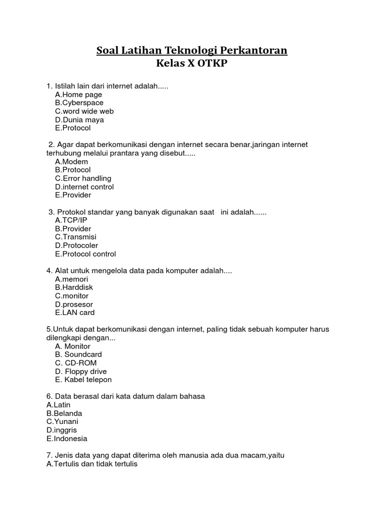 Latihan Soal Teknologi Perkantoran Kls X Pdf