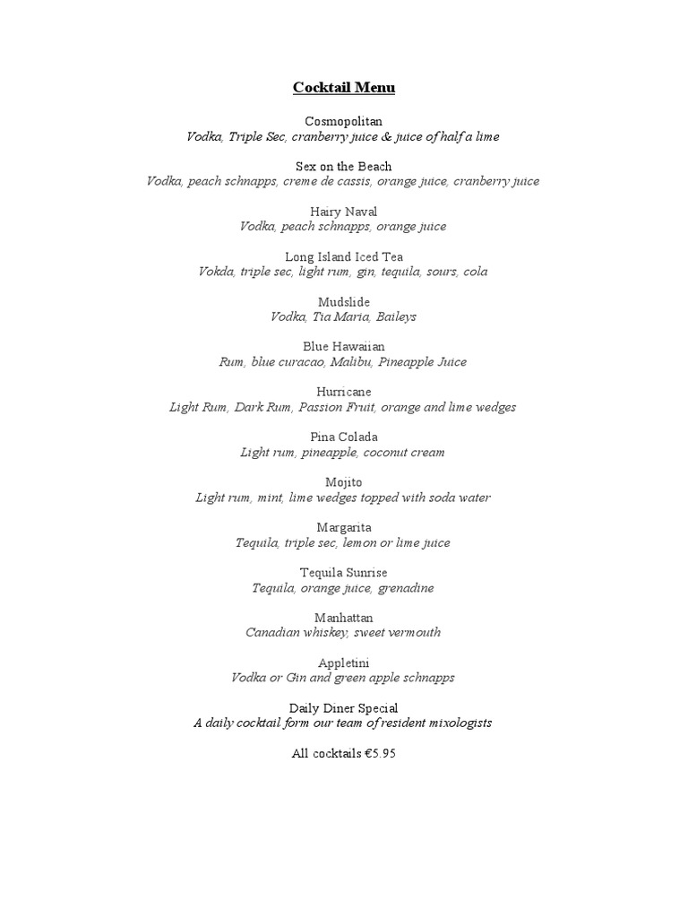 Cocktail Menu Vodka, Triple Sec, Cranberry Juice & Juice of Half A