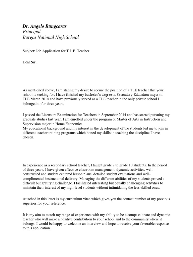 TLE Teacher Job Application Letters | PDF | Schools | Teachers