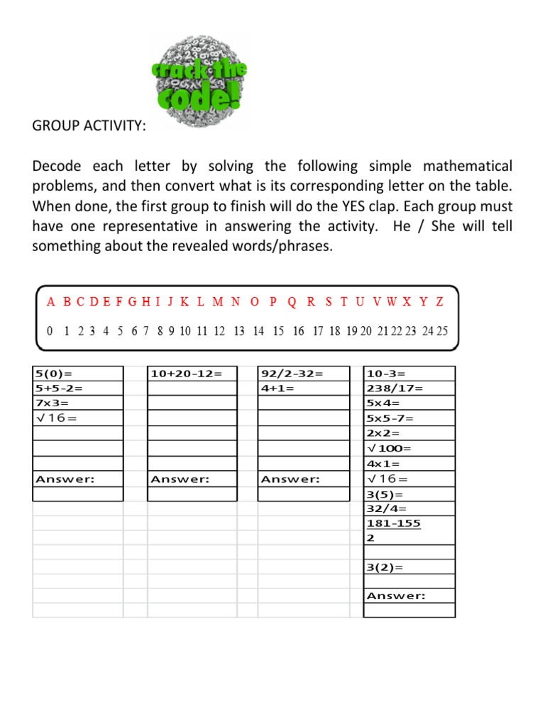 Group Activity: Decode Letters with Math Problems | PDF