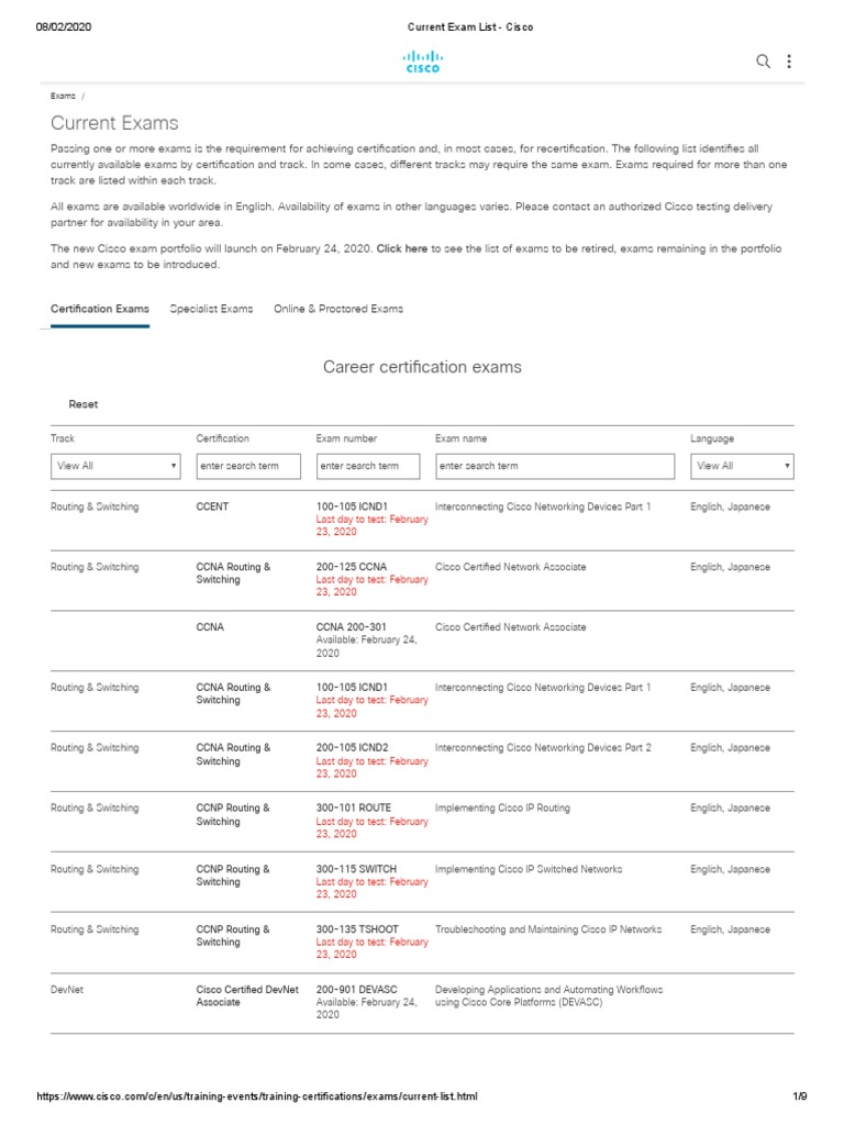 Current Exam List - Cisco | Cisco Certifications | Telecommunications