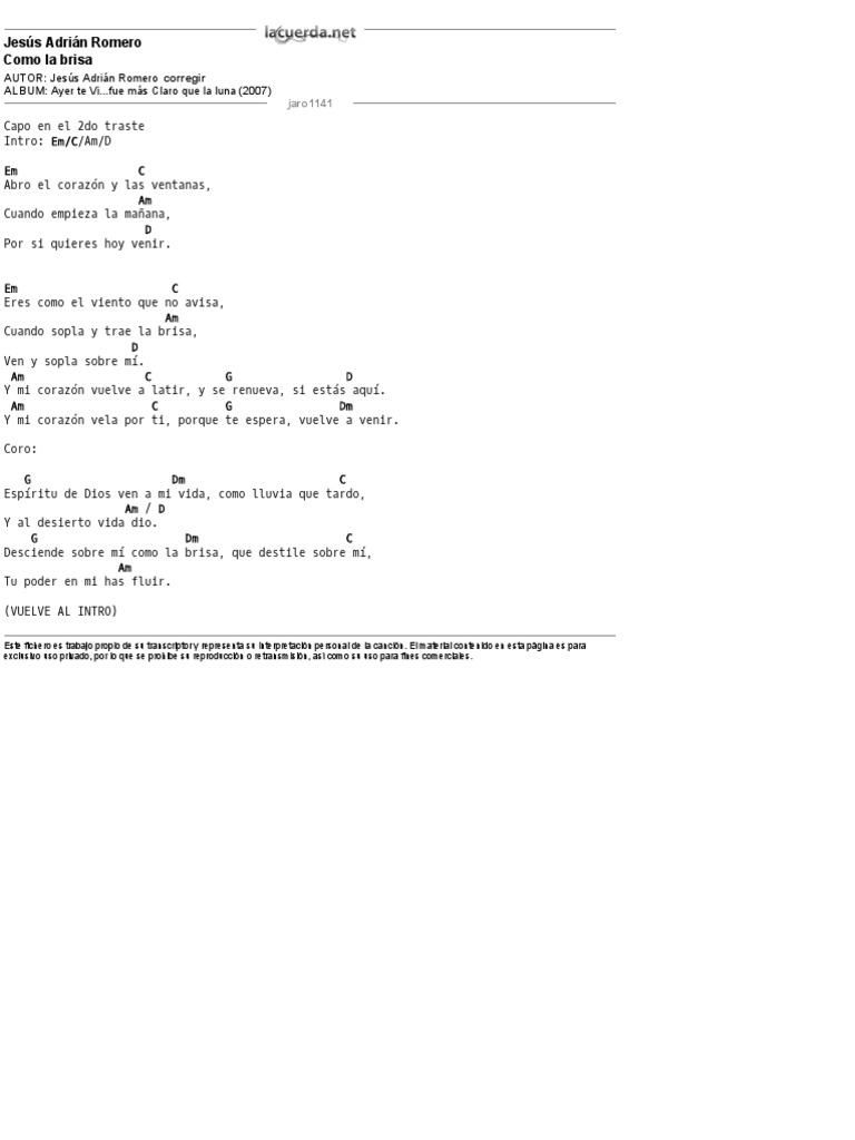 Jesús Adrián Romero, Como La Brisa - Letra y Acordes | PDF, image size:768x1024