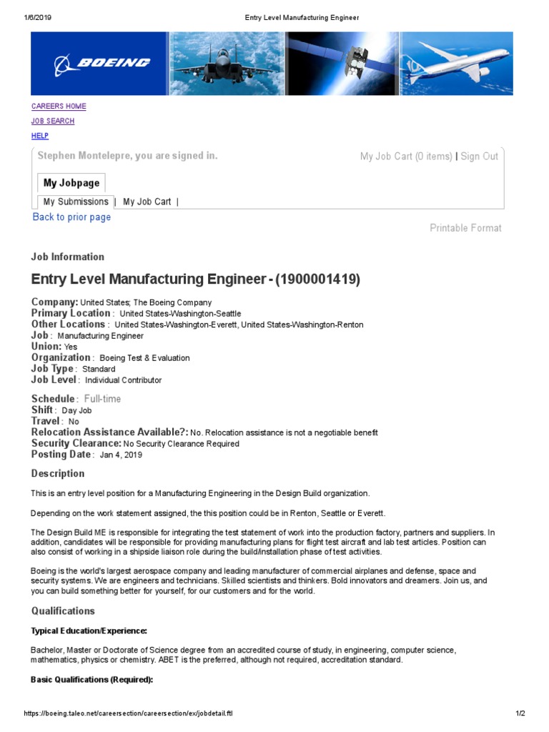 BOEING Entry Level Manufacturing Engineer PDF Academic Degree
