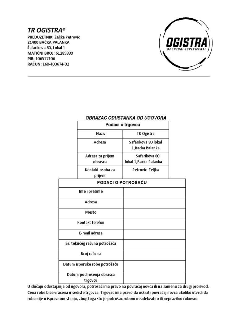 Obrazac Odustanka Od Ugovora | PDF