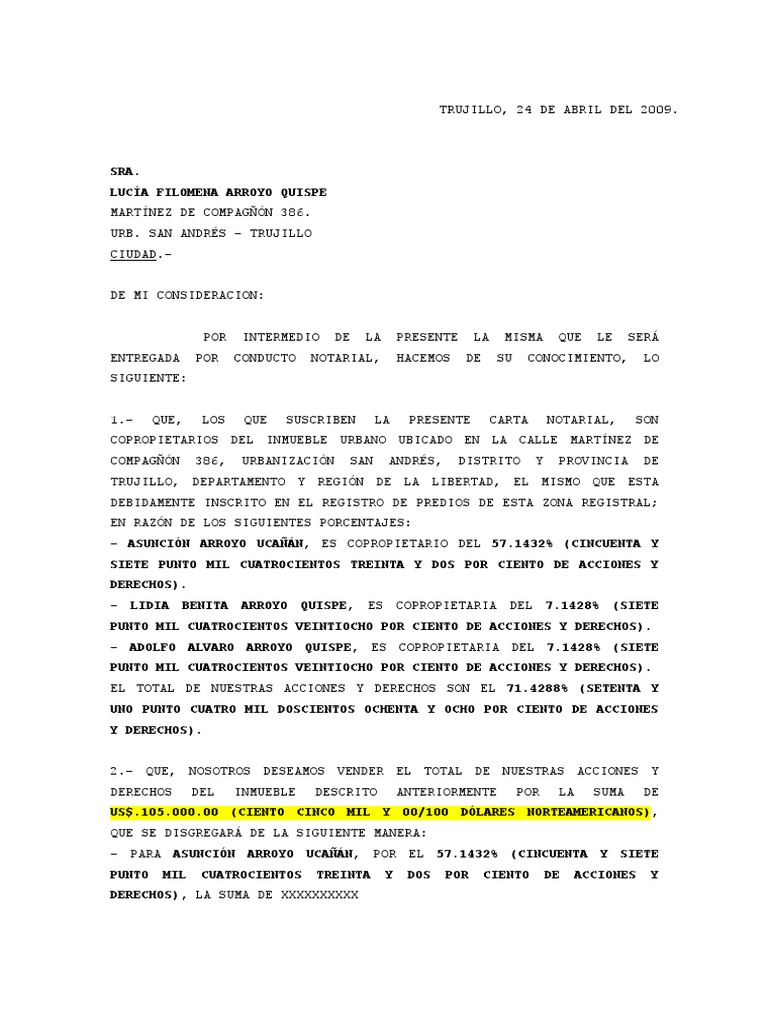 Carta Notarial Derecho De Retracto Dº Preferencia Gobierno Agitacion