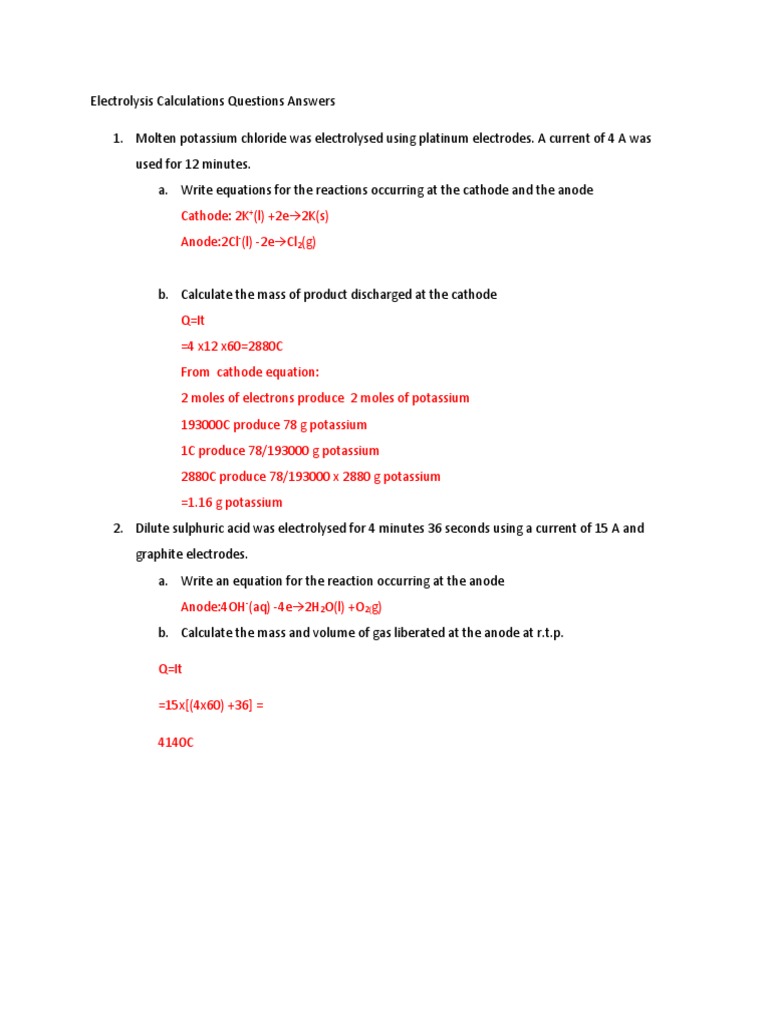 Electrolysis Calculations Answers Anode Chemistry