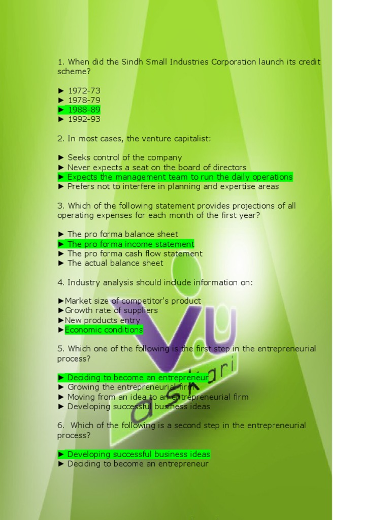 Entrepreneurial Quiz and Key Concepts | PDF | Entrepreneurship ...