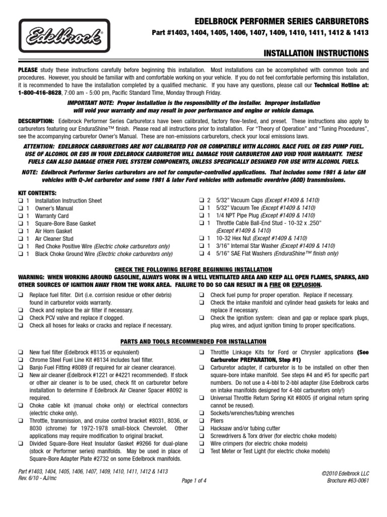 Edelbrock 1406 Install Carburetor