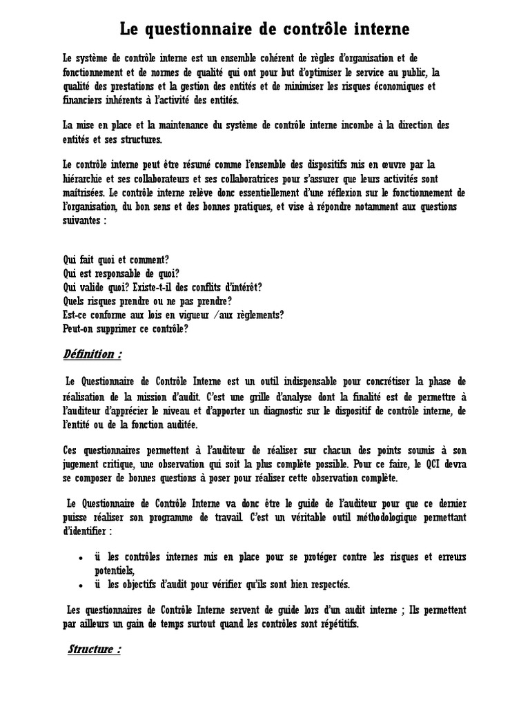 Questionnaire Controle Interne 2 Pdf Controle Interne Facture