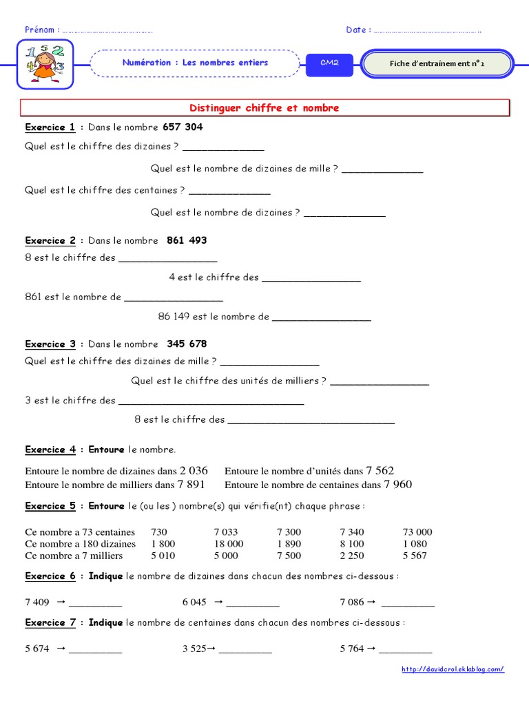évaluation Cm2 Les Grands Nombres Fiche 2 Distinguer Chiffre Et Nombre | PDF