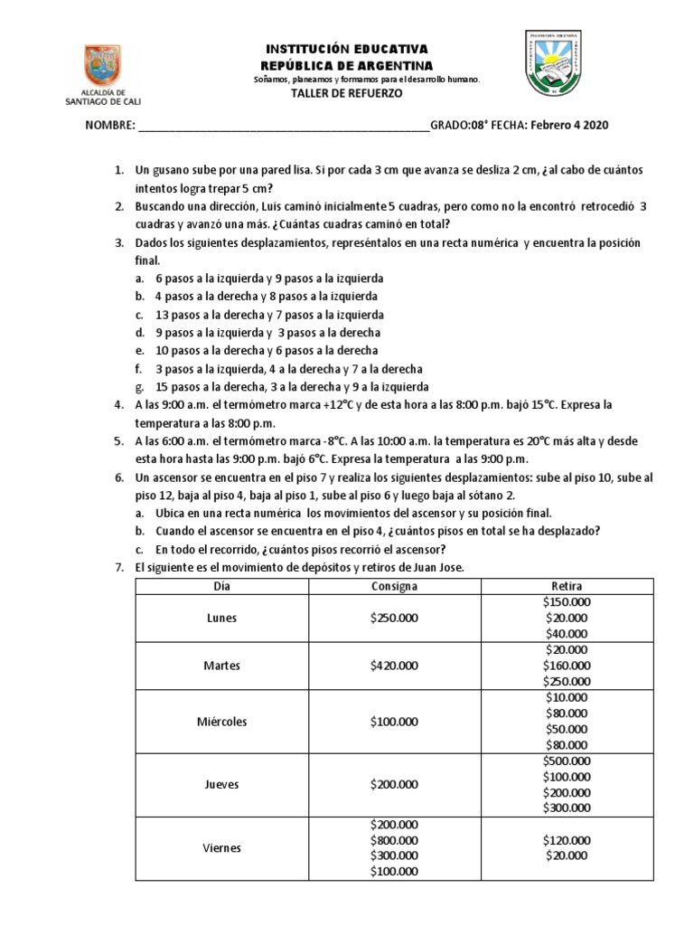 Taller de Refuerzo: Problemas Matemáticos | PDF | Operaciones militares ...
