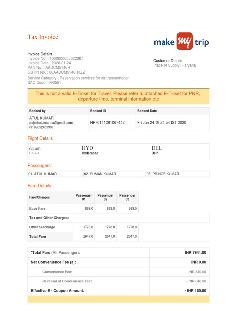 Airline GST Invoice for Flight Booking | PDF | Fare | Invoice