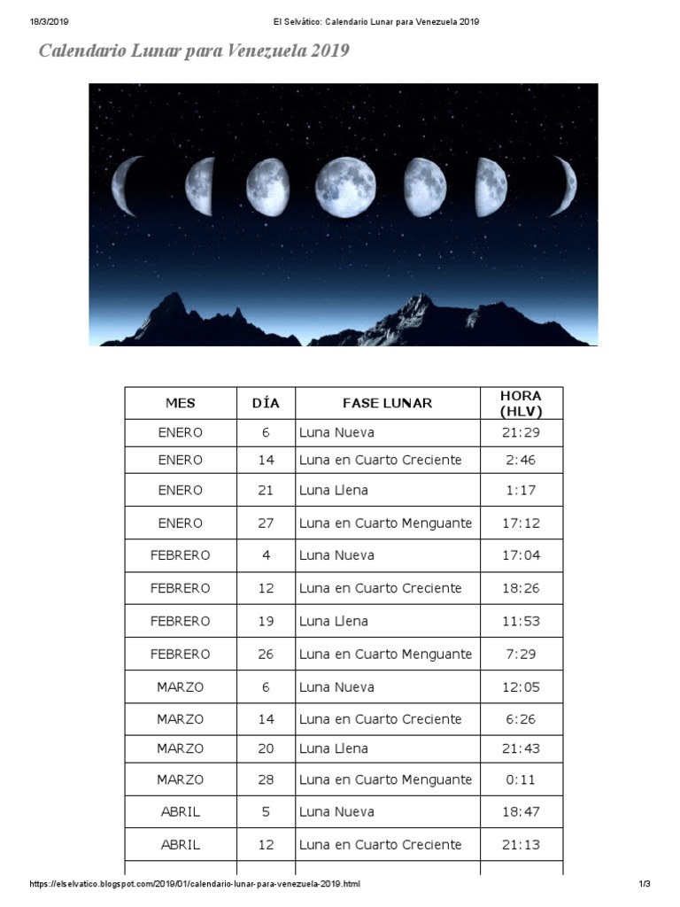 Calendario Lunar para Venezuela 2019 | PDF | Cuerpos del sistema solar |  Fenómenos científicos, image size:768x1024