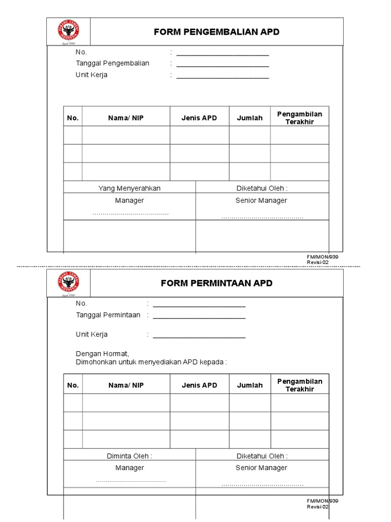 Form Peminjaman APD - Rev. 02 1.9.15 | PDF | Pengelolaan Keuangan & Uang