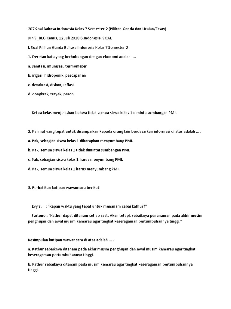 207 Soal Bahasa Indonesia Kelas 7 Semester 2