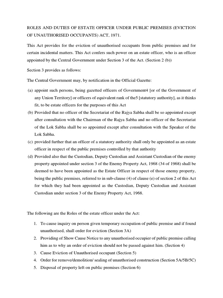 Roles and Duties of Estate Officer Under Public Premises Act PDF Government Of India