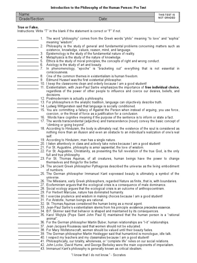 0.a.ii. Philosophy - Pre Test | PDF | Existentialism | Phenomenology ...