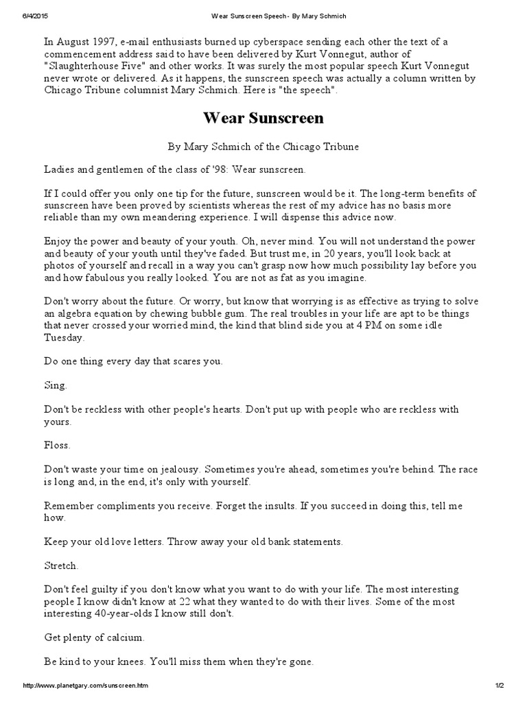 Wear Sunscreen Speech - by Mary Schmich | PDF | Social Science | Self ...