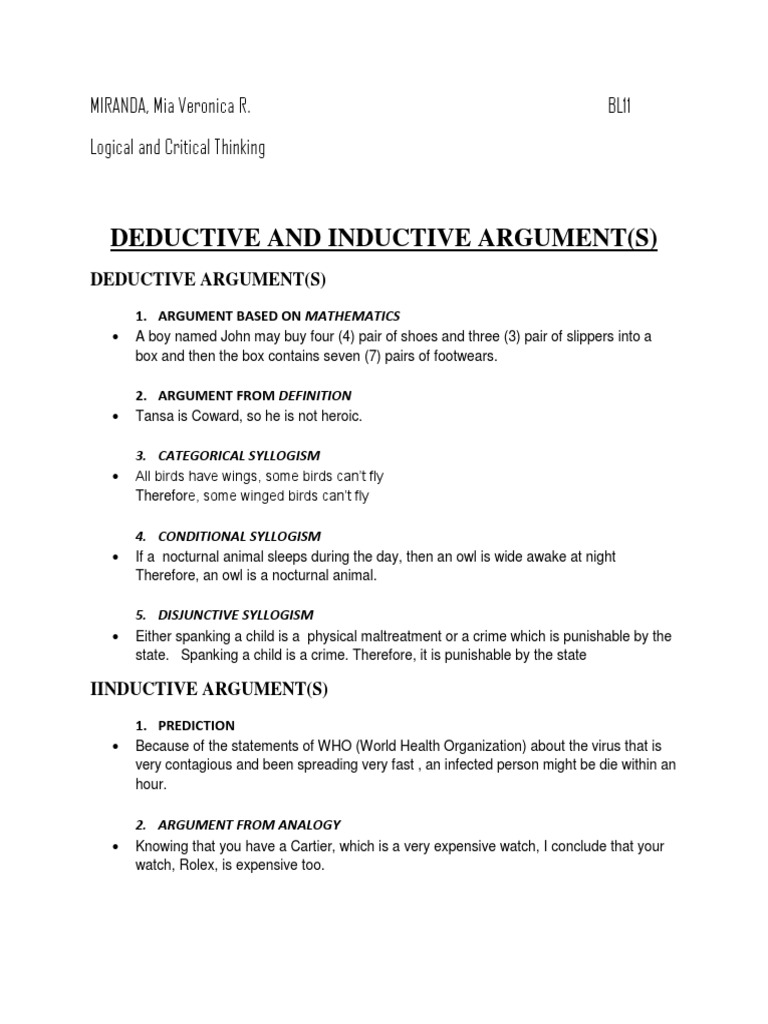 Examples of Deductive and Inductive Arguments | PDF
