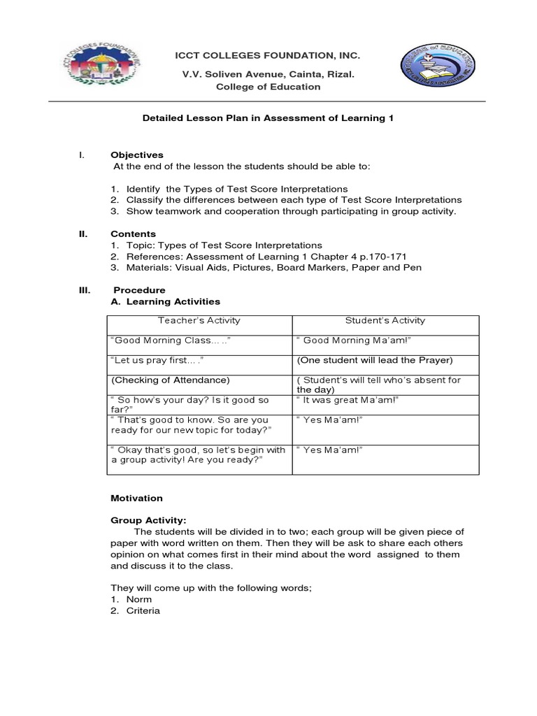 Detailed Lesson Plan In Assessment Of Learning 1 Pdf Lesson Plan
