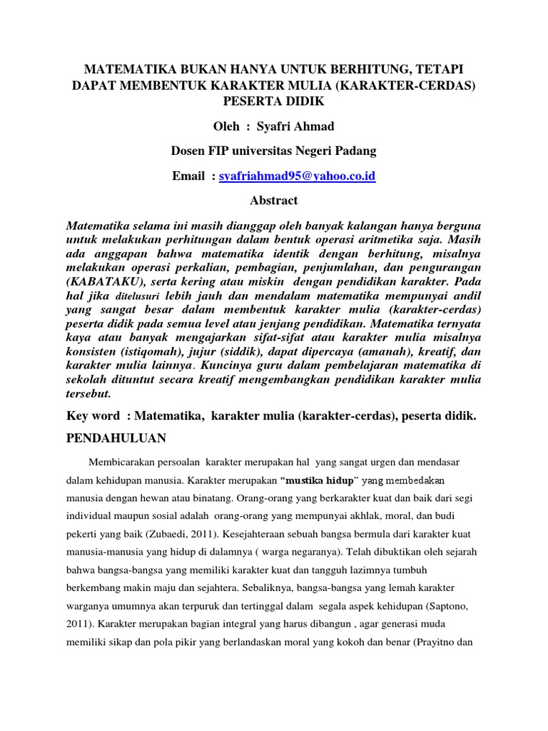 Artikel Konseptual Matematika Dan Karakter Mulya Pdf