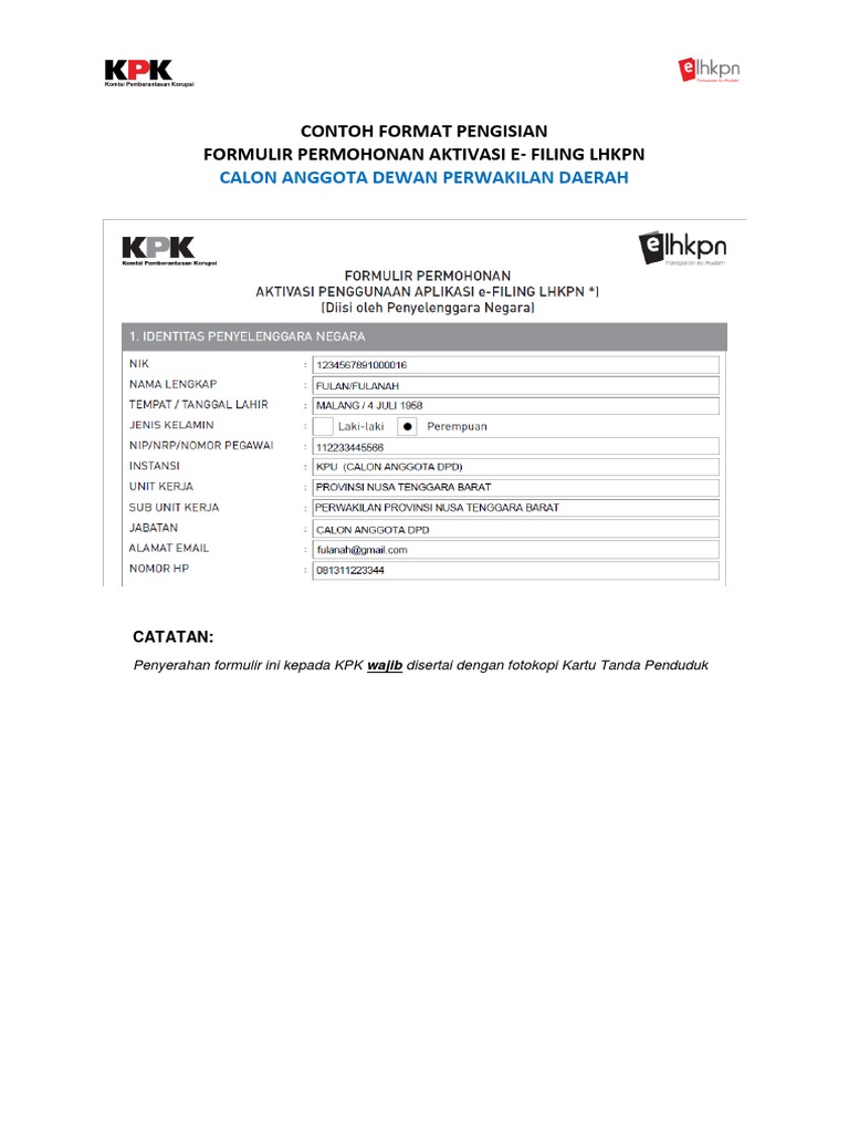 Contoh Format Pengisian Form Aktivasi E-Filing CALEG DPD 2019 (1.2) PDF ...