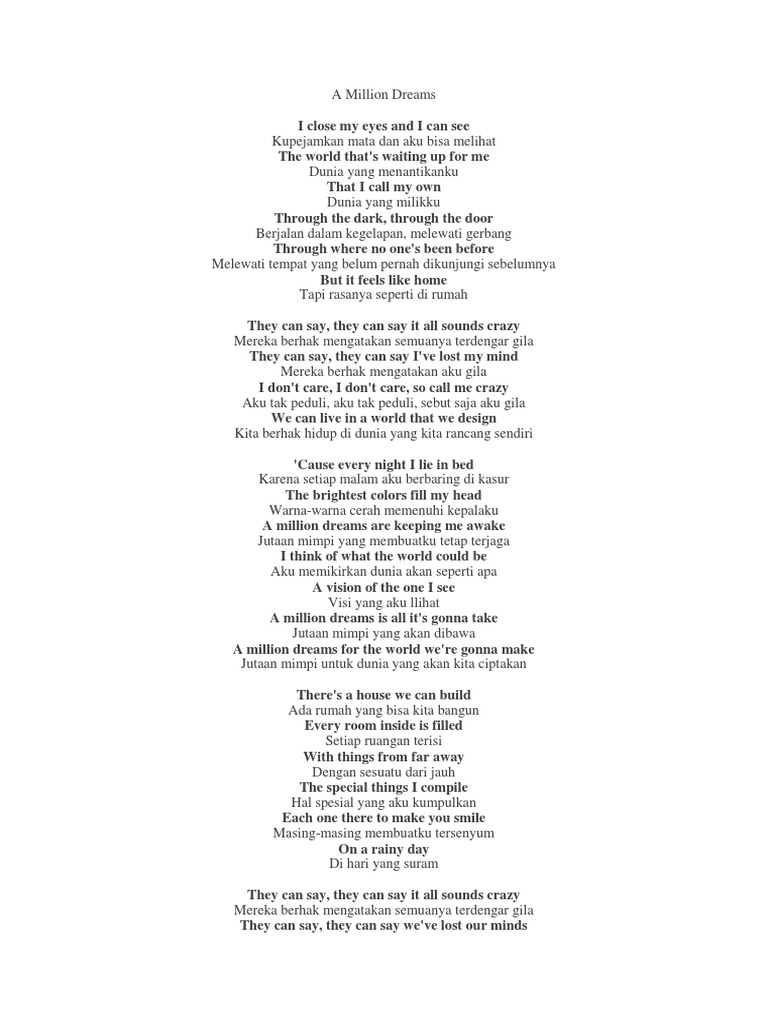 A Million Dreams Lirik Dan Terjemahan | PDF