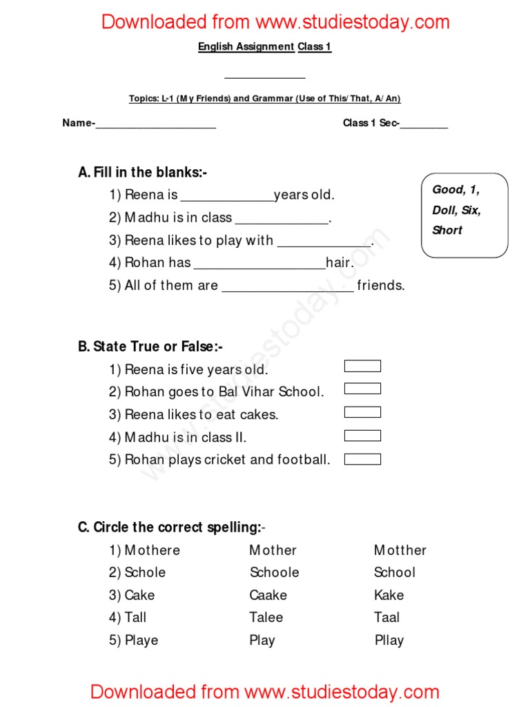 cbse class 1 english assignments 1 my friends and grammer pdf